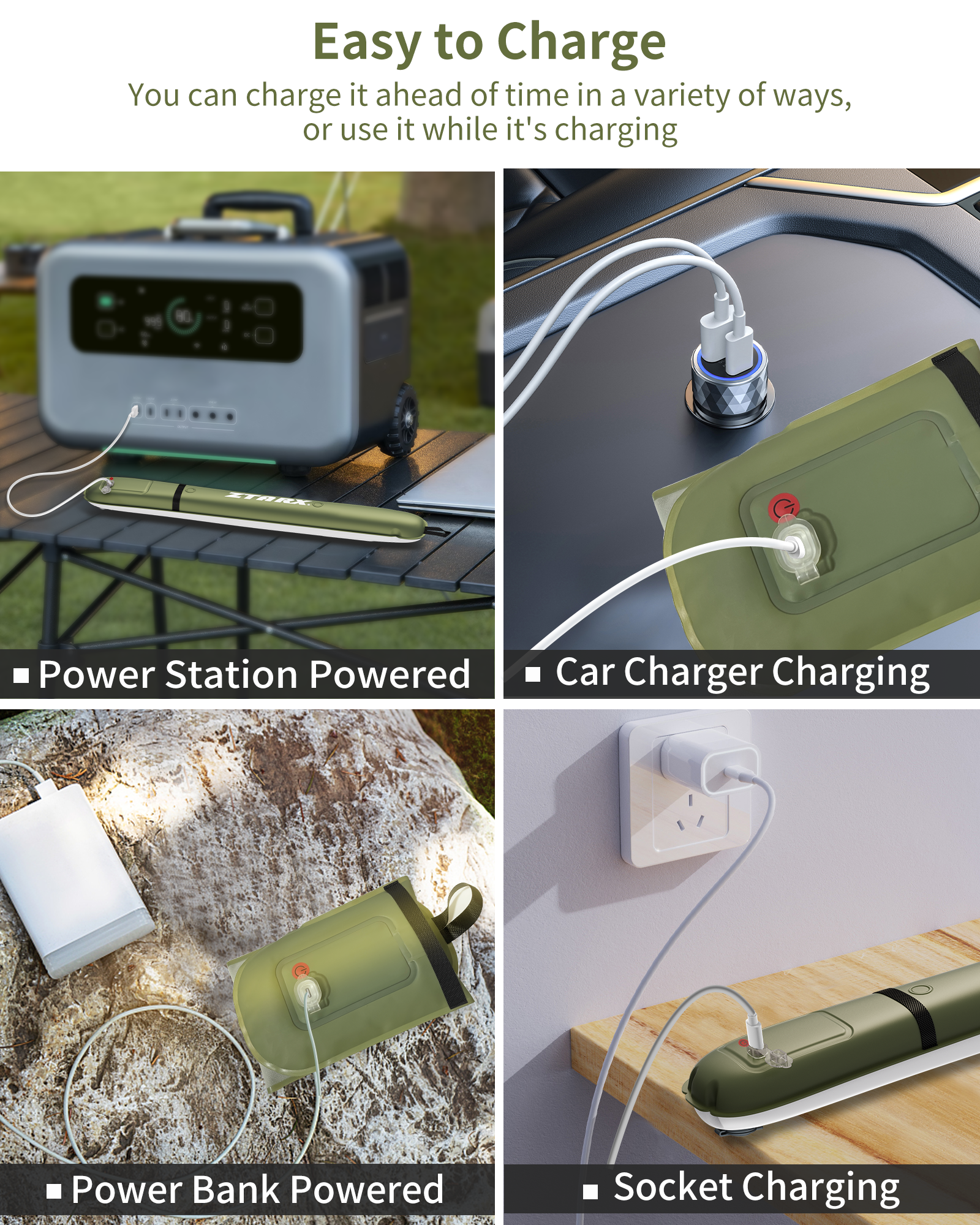 PuffyGlo Beam charging options collage